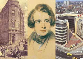 SunLife history montage showing The Royal Exchange, London, Charles Dickens and the Bristol SunLife court office