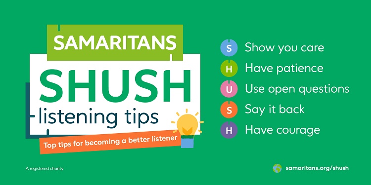 Samaritans SHUSH listening tips acronym