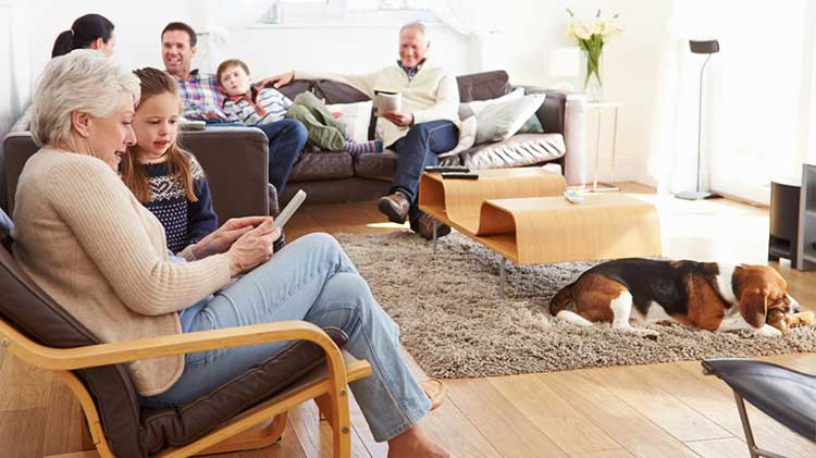 extended family hanging out together in the lounge