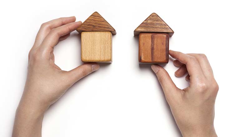 two hands holding wooden houses