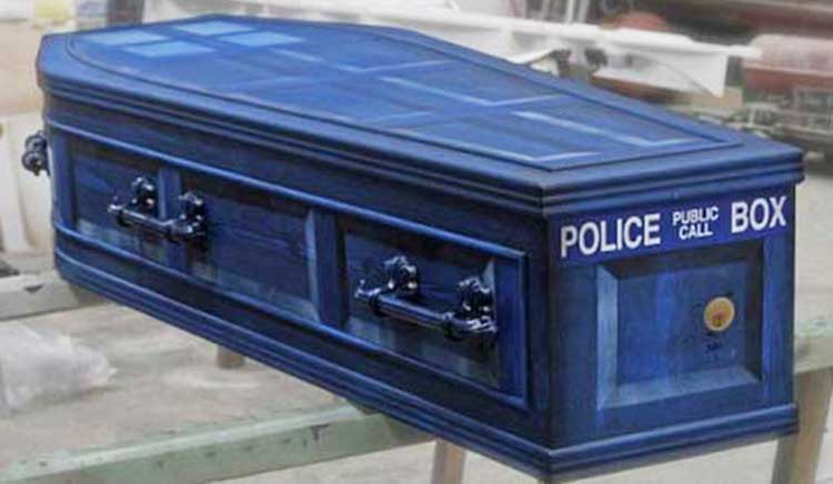 a coffin decorated to look like doctor whos tardis