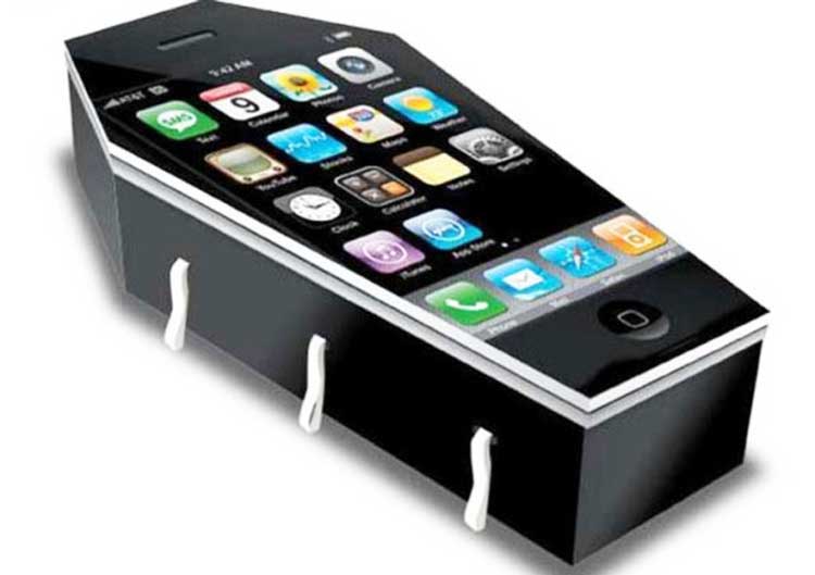 cardboard coffin printed to look like an i-phone