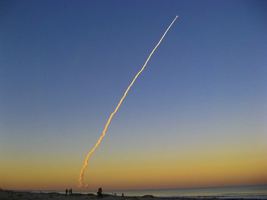 Ashes canister shoots into space trailing long smoke plume
