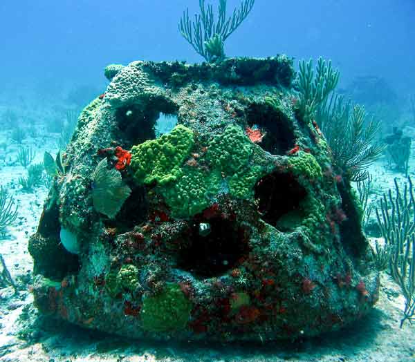 Reef ball on sea bed with coral growing