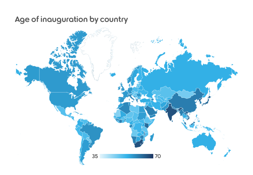 A world map which showcases the age of inauguration by each country according to the depth of colour blue