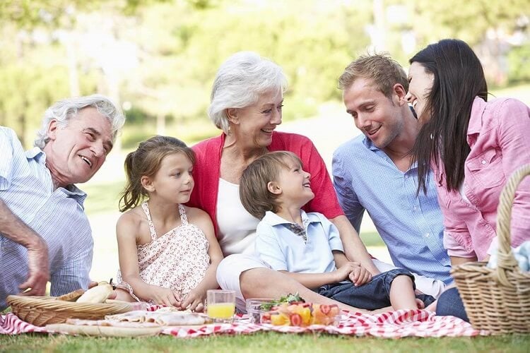 Multi generation family enjoying picnic together