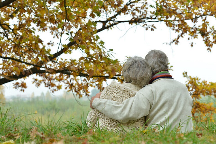 Elderly couple hugging under a tree