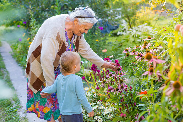 an elderly lady with young boy in the garden