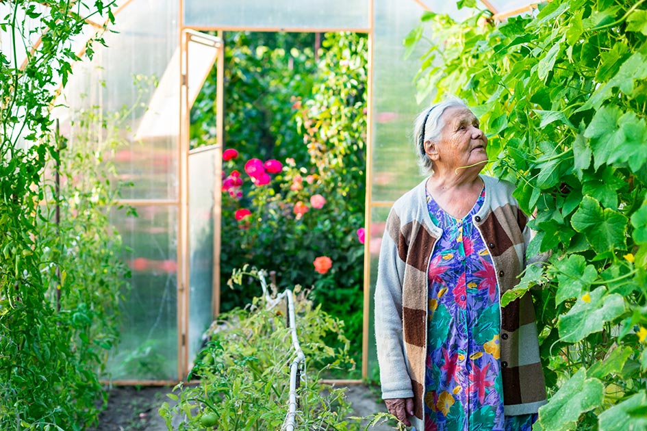 Ninety year old woman in greenhouse