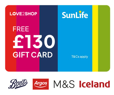 FREE &pound;130 gift card. T&Cs apply. Boots, Argos, M&S and Iceland logos.