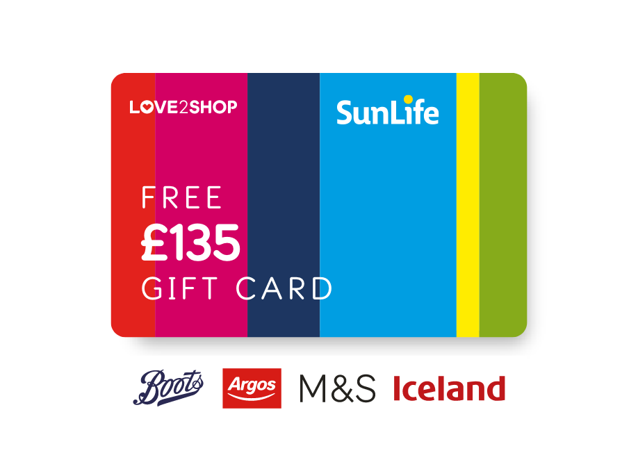 Free £135 gift card. Boots, Argos, M&S and Iceland logos.