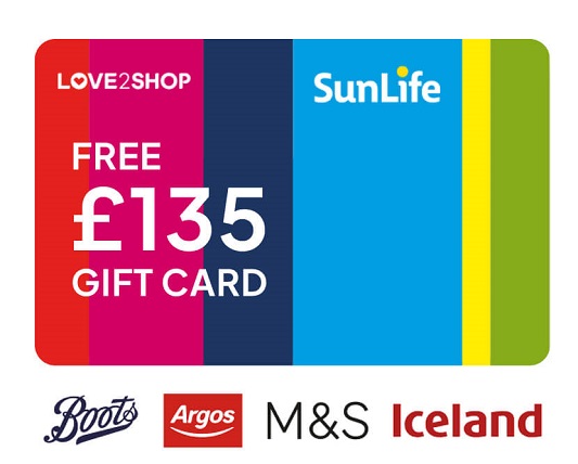 Free £135 gift card. Boots, Argos, M&S and Iceland logos