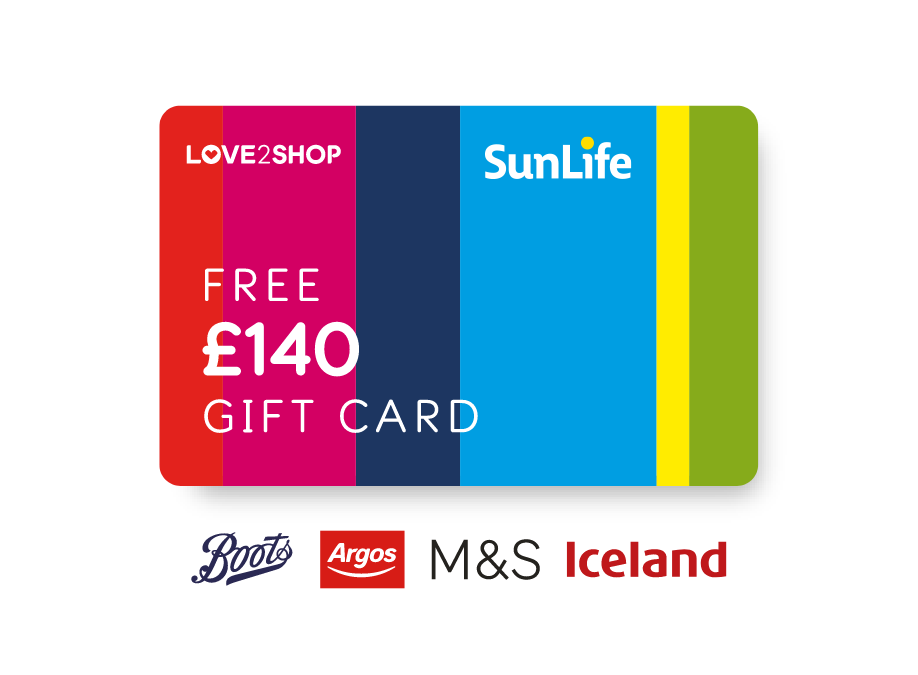 Free &pound;140 gift card. Boots, Argos, M&S and Iceland logos.