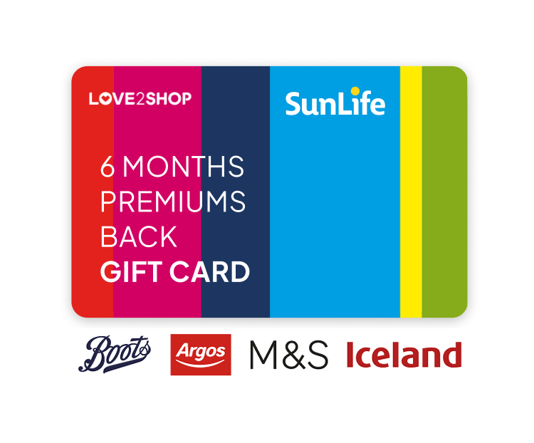 6 months premiums back gift card. Boots, Argos, M&S and Iceland logos