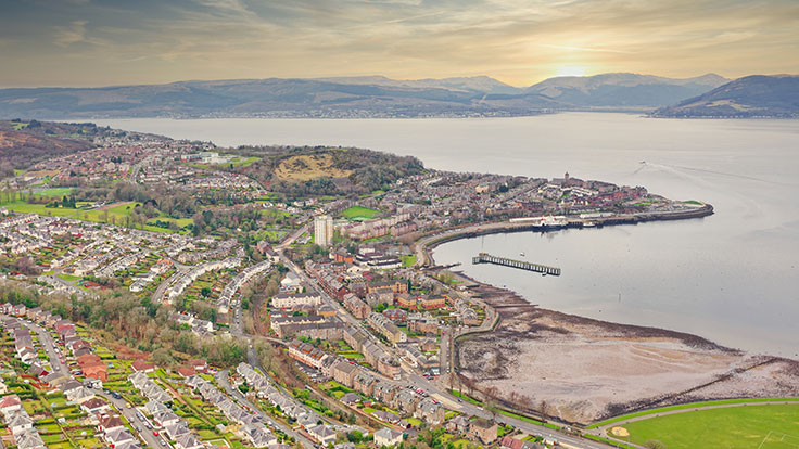 Aerial view over river clyde in Greenock & Largs
