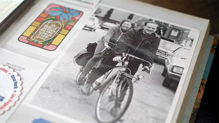 black and white photo of Graeme and Betty on their tandem bike